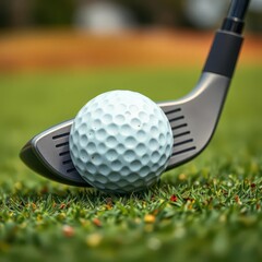 Close-up of golf club about to hit ball on green, club, macro