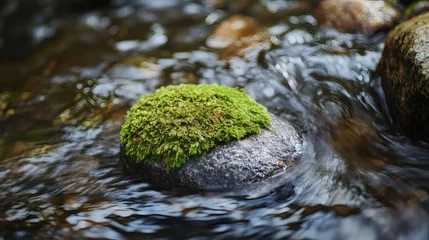 Mossy rock in flowing stream, nature background, serenity