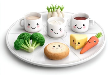 2D cartoon showing balanced plate food categories with smiling characters