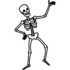 A silhouette of a skeleton dancing, one hand raised, simple line vector