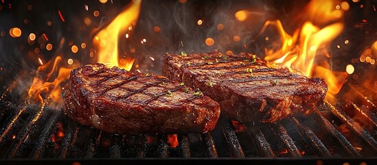 Juicy steak with deep grill marks sizzling on flaming barbecue, smoke rising through dramatic side lighting, close-up food photography emphasizing meat texture and glowing embers.