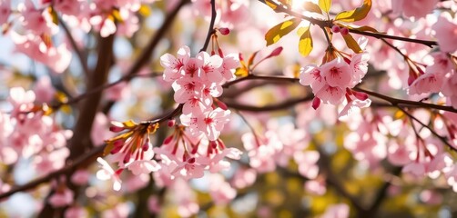 Fototapeta premium Delicate pink cherry blossoms gently falling amidst sunlit branches, flora, flowers, season
