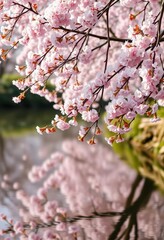 Obraz premium Delicate pink cherry blossom wreath floats on tranquil river, reflecting blossoms, petals, gentle, pastel