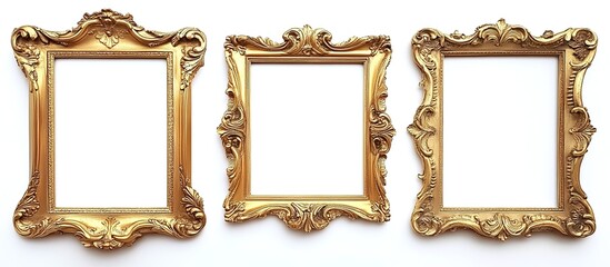 Three ornate Baroque-style golden frames with floral motifs arranged diagonally on white background - tall rectangle, square and smaller rectangle