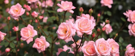 Fototapeta premium Delicate pink rose bush, single long-stemmed blooms, garden setting, flower stem, outdoor, sunlight