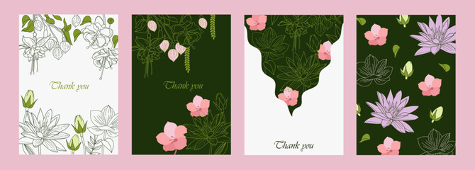 Drawing floral cards. Set of templates for invitations, cards, posters, brochures. Hand drawn. Beautiful linear flowers. Green design. Vector illustration.