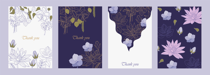 Drawing floral cards. Set of templates for invitations, cards, posters, brochures. Hand drawn. Beautiful linear flowers. Vector illustration.