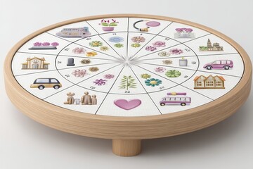 Obraz premium A clean 2D memory wheel with symbolic images of school, love, family, travel, white background