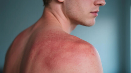 Fototapeta premium Redness and rash on the shoulder skin indicate skin allergies and symptoms of sunburn. The manifestation of rash symptoms is related to the diagnosis of dermatological diseases.