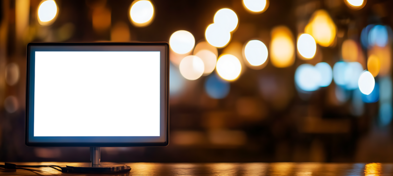 Modern LED Monitor Mockup with Clear Screen on Office Desk for Displaying Custom Logos, Website Layouts, or Digital Advertisements in a Professional Space