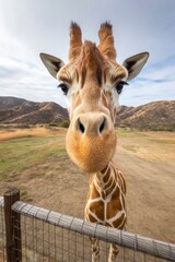 Obraz premium Giraffe Close-up Portrait in Natural Habitat with Sky Background