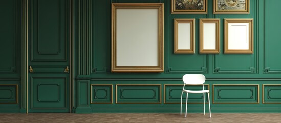 Fototapeta premium Dark green wainscoted wall displaying asymmetrical gold-framed mirrors above herringbone wood floor, white modern chair centered below, soft diffused lighting accentuating art deco contrast.