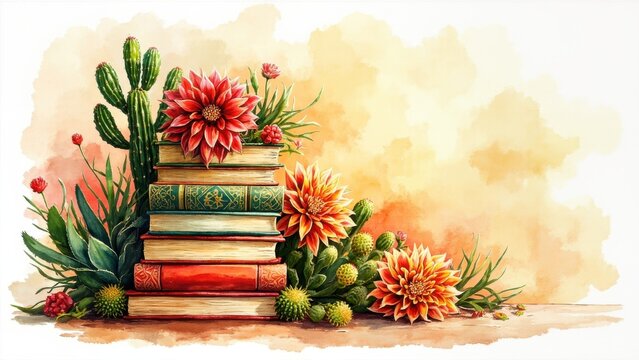 A stack of five colorful books is surrounded by blooming cacti and vibrant flowers in shades of red, orange, and yellow. The background has a warm watercolor effect with tones of yellow and orange.