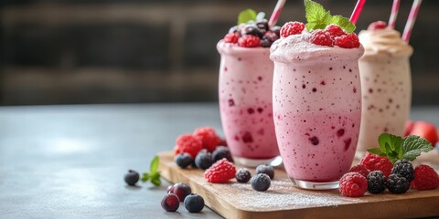 Bright and colorful fruit smoothies served in clear glasses on a wooden tray with fresh berries and mint