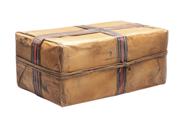 Mysterious aged package tied with twine vintage red striped tape question mark clue aged paper