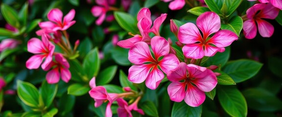 Pink Adenium obesum blossoms contrast vibrantly against lush, green foliage, closeup, background