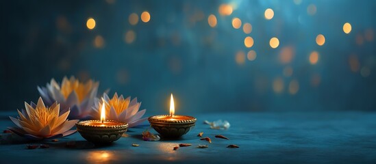 Two golden oil lamps glowing beside white lotus blossom on navy blue backdrop, floating petals illuminated by warm ambient glow, spiritual still life with bokeh light effects.