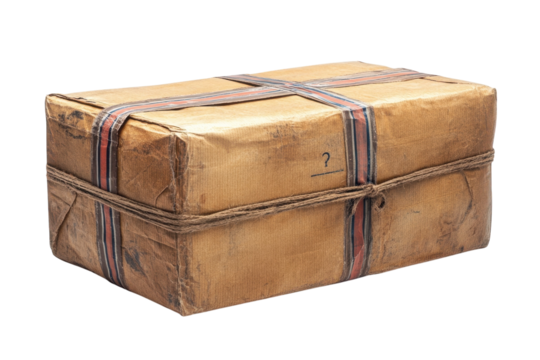 Mysterious aged package tied with twine vintage red striped tape question mark clue aged paper
