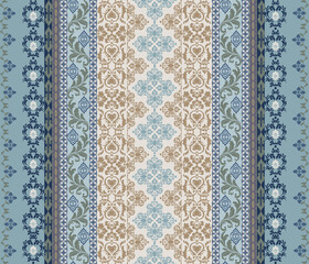 Damask art, ethnic, abstract, Damask pattern, black background, vertical full pattern, mint green, beige color for textile, clothing, curtains, carpets, blankets, decoration, vector illustration.