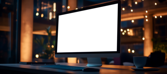 LED Computer Monitor Mockup with Transparent Screen on Office Desk for Custom Branding and Display Design Presentation in a Realistic Indoor Workplace Setting