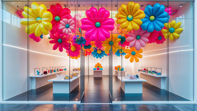 Colorful inflatable flowers decorating modern shop window display