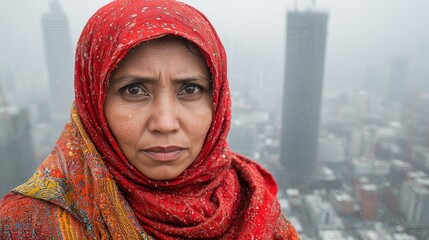 A Woman in Red, Contemplating the Cityscape