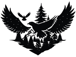 Double exposure-style vector: eagle in flight with a landscape (forest, lake, prey) within its wings