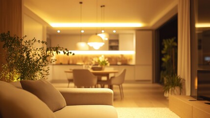 Cozy modern living room with warm lighting and dining area view