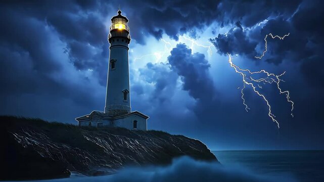 Stormy night at a lighthouse with lightning illuminating the dark sky and turbulent sea waves