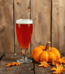 Amber pumpkin ale in a glass, sits on rustic wood, home, orange