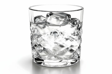 Crystal-clear glass filled with ice cubes, reflecting light in a minimalist setting