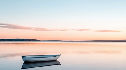 A white boat floats on a calm lake at sunset.