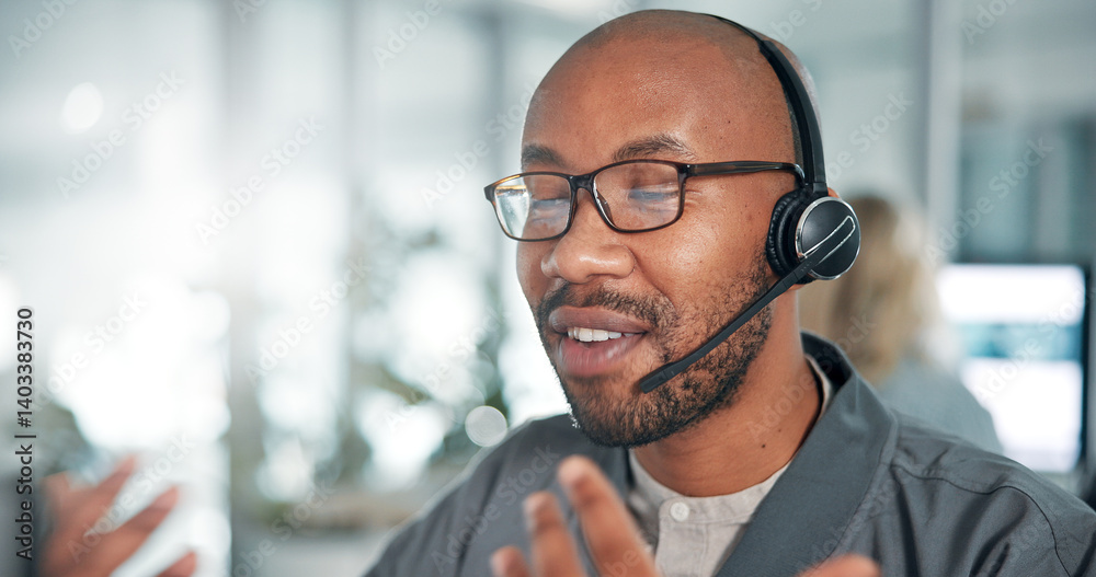 Poster call center, contact us and black man with headset in office for communication with crm. talking, cu
