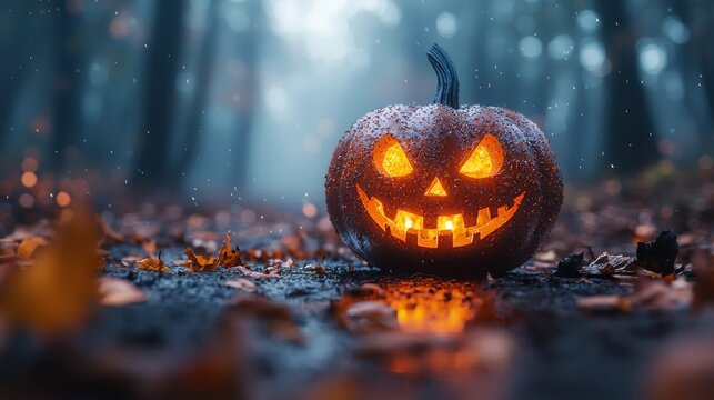 Spooky Jack-o'-lantern in a Misty Autumn Forest