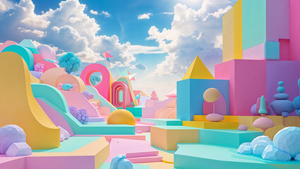 Candy land with geometric shapes creating a dreamlike atmosphere