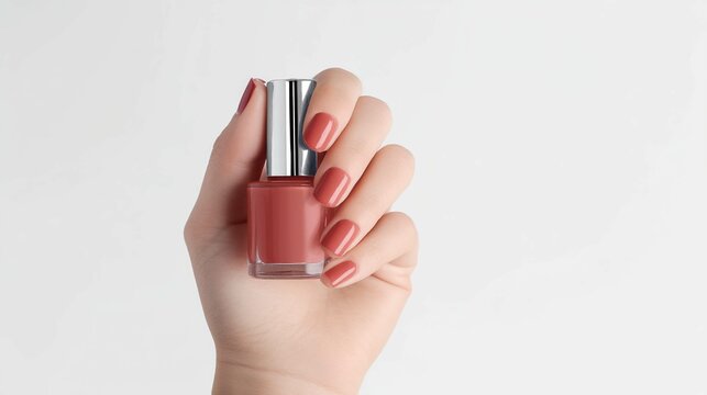A hand presents a bottle of terracotta nail polish, manicure matching, on white background.
