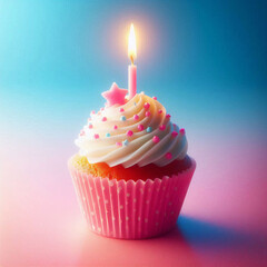 Whimsical Birthday Cupcake with Candle and Pastel Frosting – Sweet Celebration in Soft Pink and Blue Tones