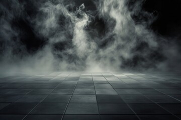 Abstract dark scene of swirling vapor above tiled ground