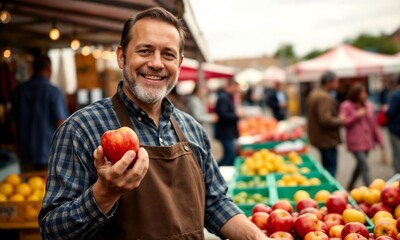 Fototapeta premium Smiling man holding an apple at a farmer's market stall with fresh produce 
