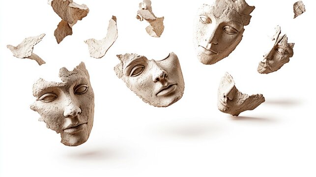 A surreal image displaying several fragmented faces floating against a white background. - Powered by Adobe