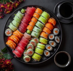 A top-down view of beautifully plated sushi featuring various fillings and toppings—perfect for foodies, recipe content, or upscale takeout branding.

