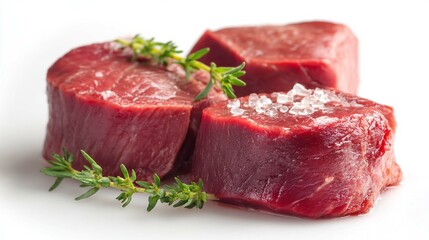 Obraz premium Fresh, uncooked filet mignon steaks, garnished with thyme and salt, on a white backdrop.