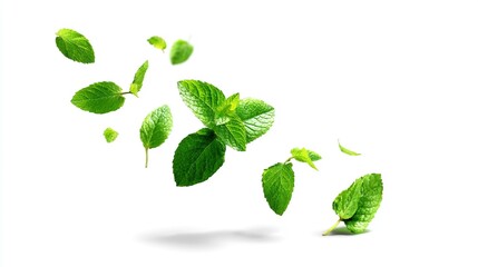 Bright and fresh mint leaves float gracefully, showcasing their vibrant green color against a white backdrop.