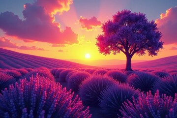 Sunset paints lavender field gold, lone tree silhouetted , golden hour, evening