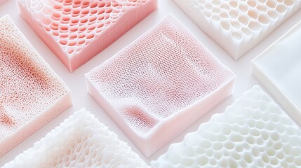 Stacked trays of various plant-based meat prototypes printed via 3D food printer, showing color, grain, and texture diversity - prototype laboratory research experiment