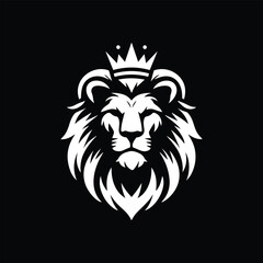Create a bold, minimalist black and white vector logo of a lion's head with a majestic crown. The lion should have a symmetrical, fierce expression and a flowing, stylized mane. The design must convey