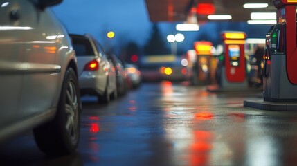 Night gas station queue, cars refueling, wet ground, blurred background, transportation