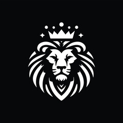 Create a bold, minimalist black and white vector logo of a lion's head with a majestic crown. The lion should have a symmetrical, fierce expression and a flowing, stylized mane. The design must convey