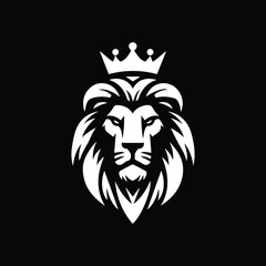 Create a bold, minimalist black and white vector logo of a lion's head with a majestic crown. The lion should have a symmetrical, fierce expression and a flowing, stylized mane. The design must convey
