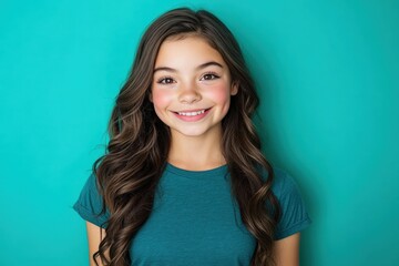 Fototapeta premium Smiling Girl with Curly Hair on Teal Background